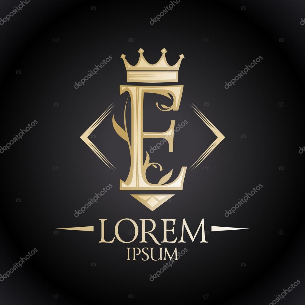 Rich gold letter E with crown and floral motif.