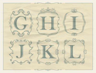 Kaligrafi harflerle Vintage monogram retro çerçeveler, alfabe logolar