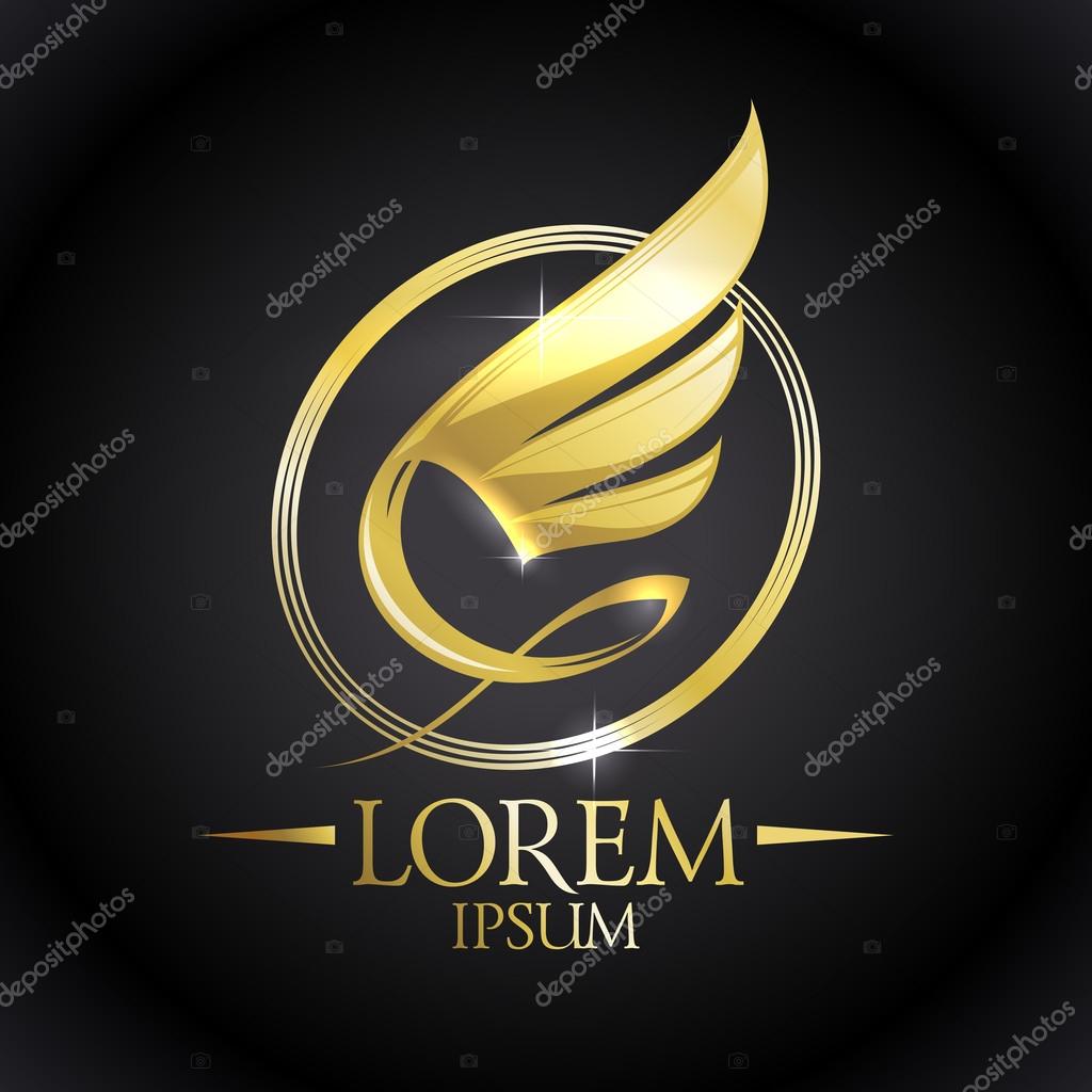 Golden shiny wing in oval logo against black backdrop.