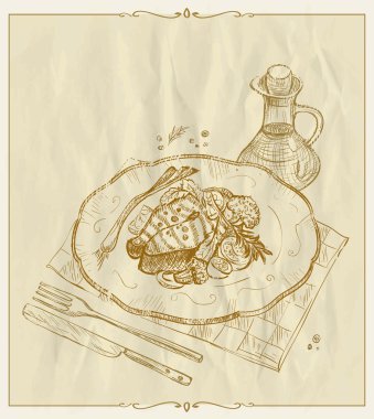 Grilled salmon steak on a plate hand drawn illustration.