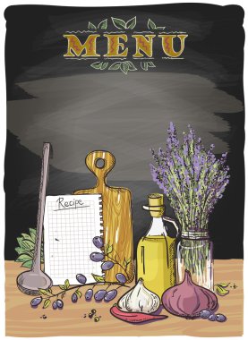 Rural chalkboard menu design with vegetables, kitchen utensils