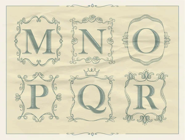 Vintage καλλιγραφικά γράμματα σε ρετρό πλαίσια μονόγραμμα, αλφάβητο λογότυπα — Διανυσματικό Αρχείο