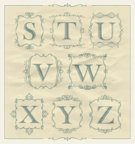 Vintage καλλιγραφικά γράμματα σε ρετρό πλαίσια μονόγραμμα, αλφάβητο λογότυπα — Διανυσματικό Αρχείο