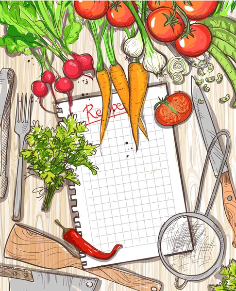 Marco de lista de recetas vacías con verduras orgánicas saludables y utensilio de cocina — Vector de stock