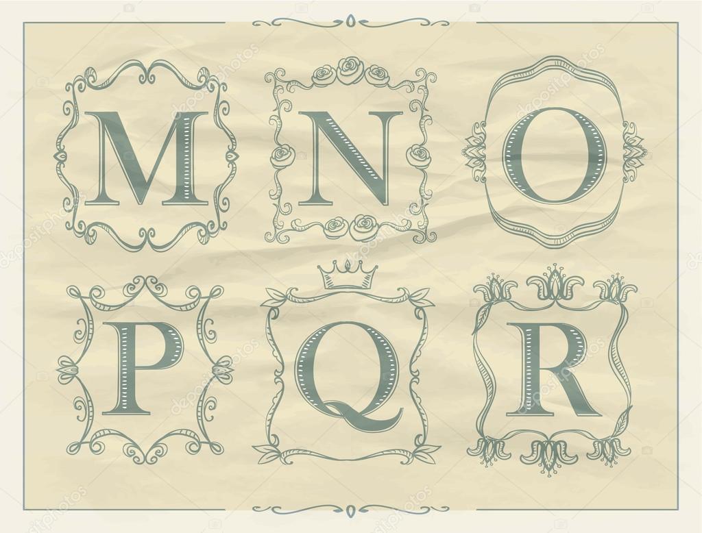 Calligraphic letters in monogram retro frames, alphabet logo set - M, N, O, P, Q, R