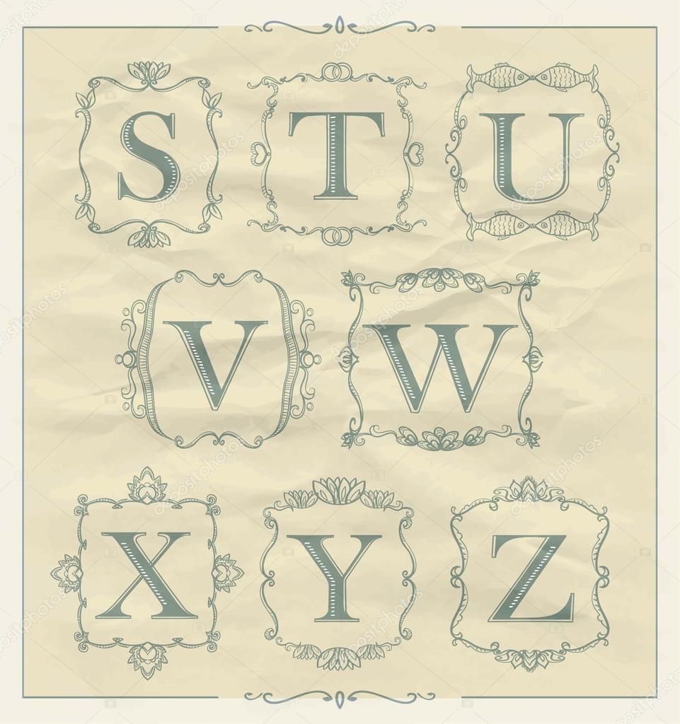 Vintage calligraphic letters in monogram retro frames, alphabet logos