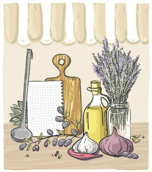 Design de natureza morta com legumes, utensílio de cozinha, buquê de lavanda e garrafa de azeite —  Vetores de Stock