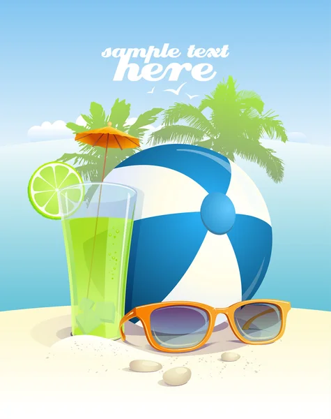 Background with sun glasses, ball and cocktail. — Stock Vector