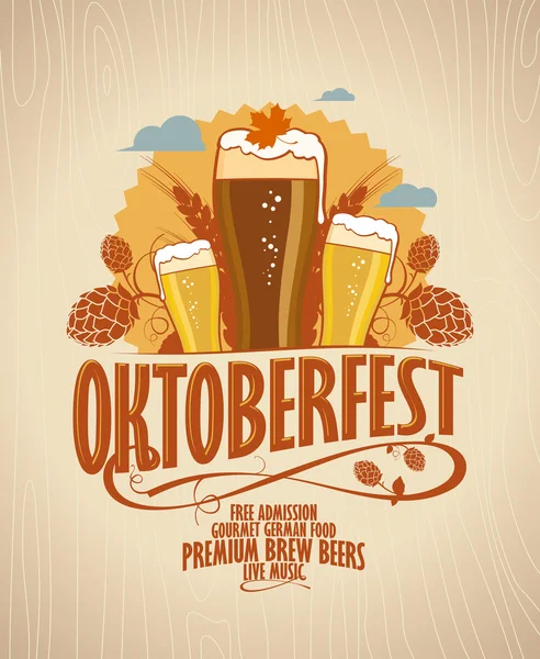 Oktoberfest αφίσα με μπύρα σε ένα σκηνικό με ξύλινα. — Διανυσματικό Αρχείο