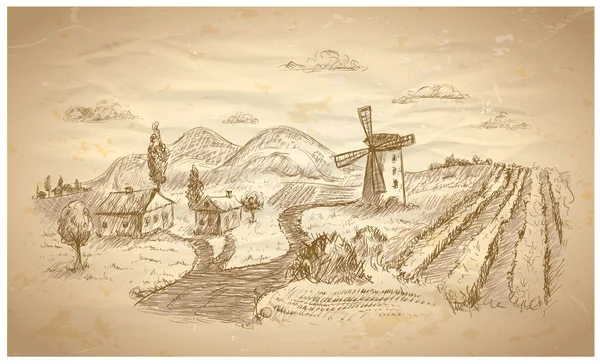 Paisaje rural ilustración dibujada a mano . — Archivo Imágenes Vectoriales