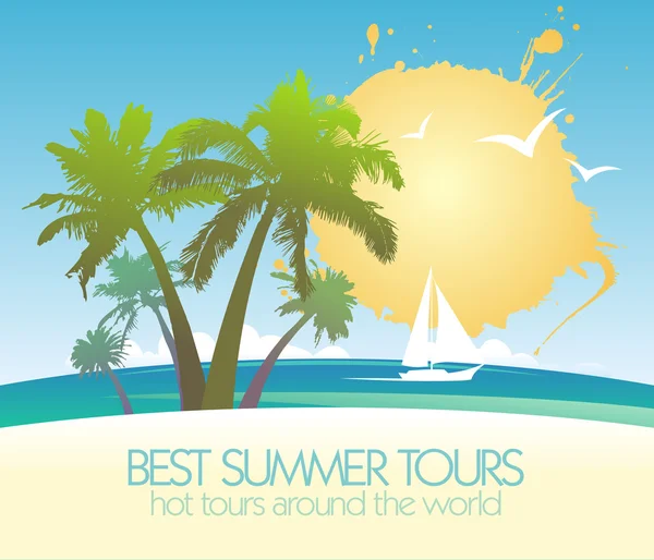 Summer tours design with tropical island and yacht. — Stock Vector