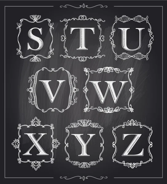 Blackboard chalk vintage calligraphic letters in monogram retro frames, alphabet logos — Stock Vector