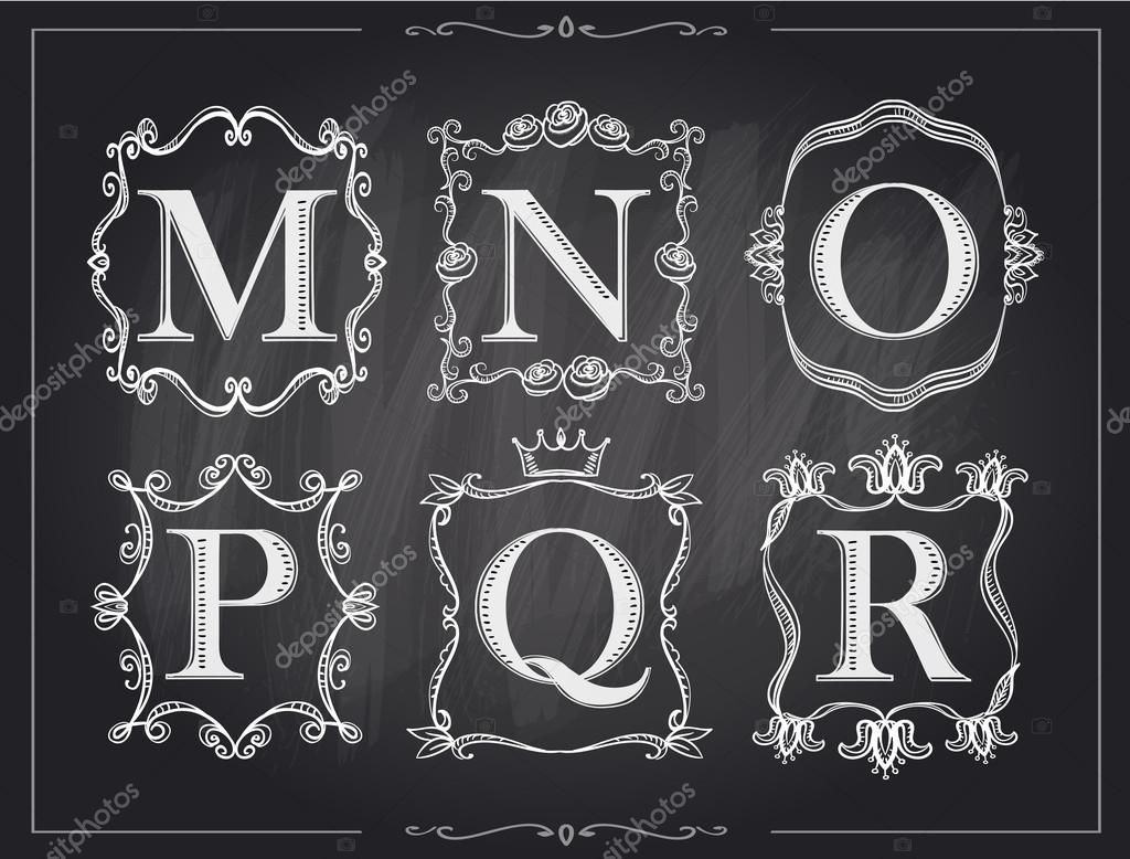 Blackboard chalk vintage calligraphic letters in monogram retro frames, alphabet logos set - M, N, O, P, Q, R