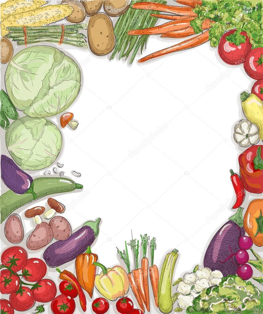 Food vegetables frame against white backdrop.