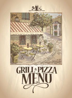 Bir sokak kafe grafik resmini ile ızgara ve Pizza menü.