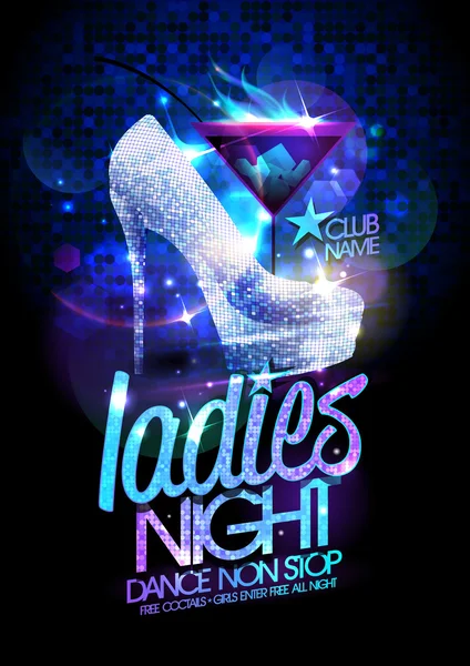 Ladies night plakat z wysokim obcasie diament kryształów buty i koktajl. — Wektor stockowy