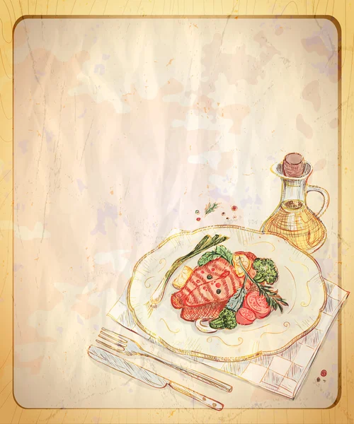 ギリシャ風サラダの図解と古い空の紙背景. — ストックベクタ