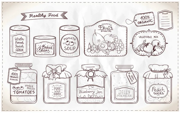 Illustration set of canned goods and tags. — Stock Illustration Illustration set of canned goods and tags. Royalty Free Stock Vectors