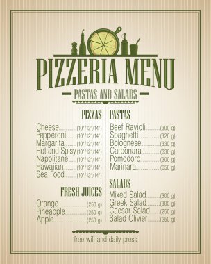 Pizzacı menü, vintage tarzı.