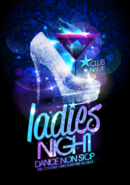 Ladies night poster illustration with high heeled diamond crystals shoes