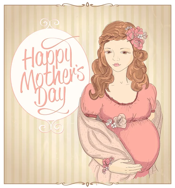 Mutlu anneler günü kartı grafik oldukça hamile bir kadın portresi ile. — Stok Vektör
