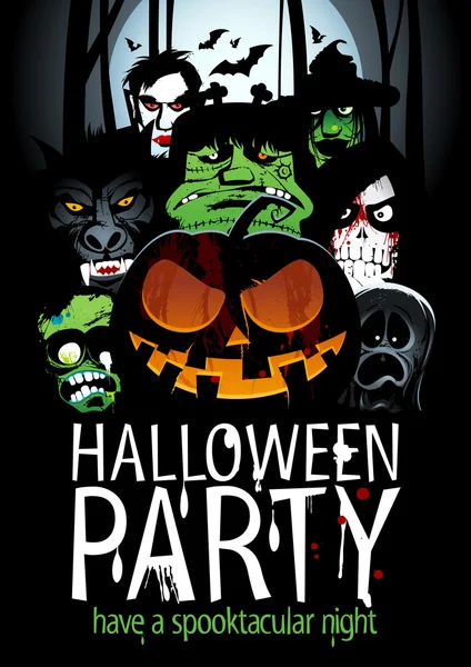 Halloween party design con zucca, zombie, lupo mannaro, morte, strega, vampiro . — Vettoriale Stock