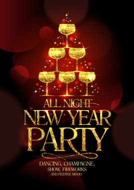 All night New Year party poster with chic golden headline and golden stack of champagne glasses. clipart