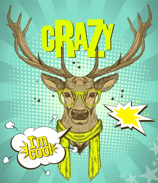 Pop-art style poster with hipster deer dressed in yellow glasses and scarf, telling I am cool. — Stock Vector