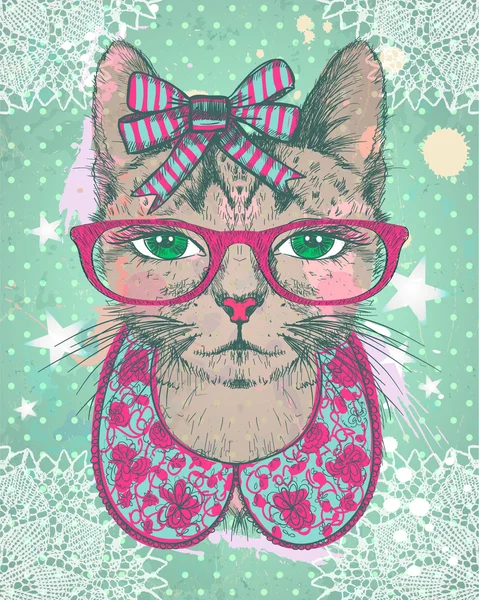Μόδα εκλεκτής ποιότητας κάρτα γραφικών με hipster γυναίκα γάτα κατά πράσινο polks τελείες backrop. — Διανυσματικό Αρχείο