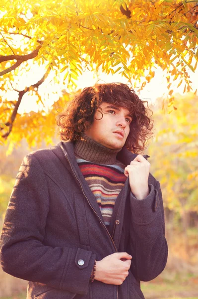 Retrato de hombre de moda joven vestido con chaqueta gris y suéter a rayas, al aire libre en el parque de otoño . — Foto de Stock