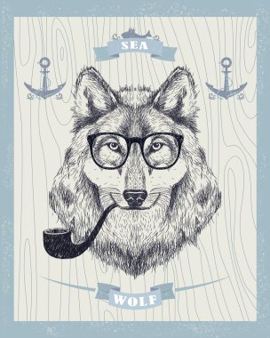 Smoking hipster wolf with sunglasses and tobacco pipe. clipart