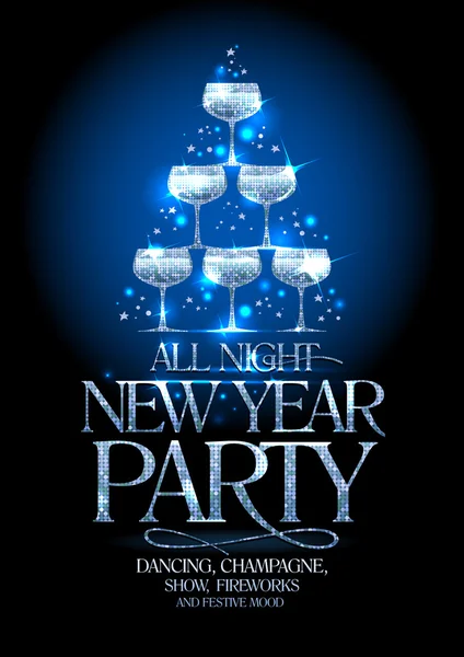 Cartel de la fiesta de Año Nuevo con pila de plata de copas de champán, estrellas brillantes decoradas . — Vector de stock