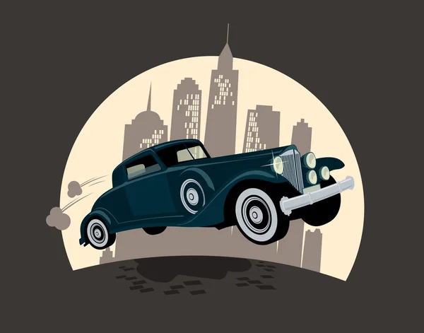Fast vintage car in night town. — Stock Vector