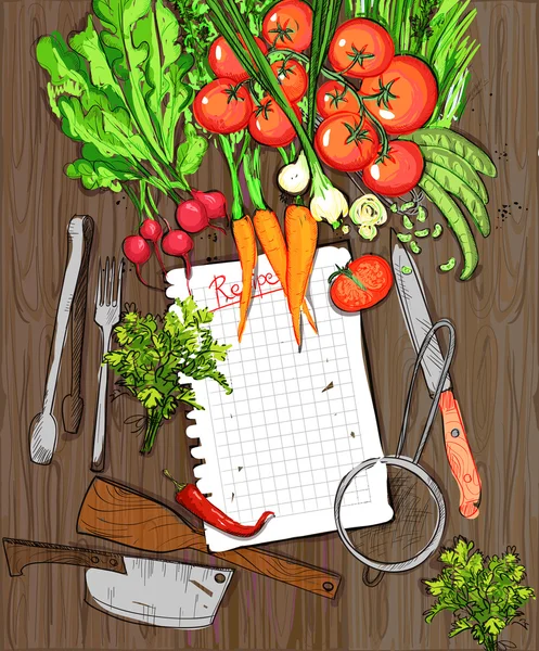 Healthy organic vegetables and kitchen utensil on a wooden table background with empty recipe list. — Stock Vector