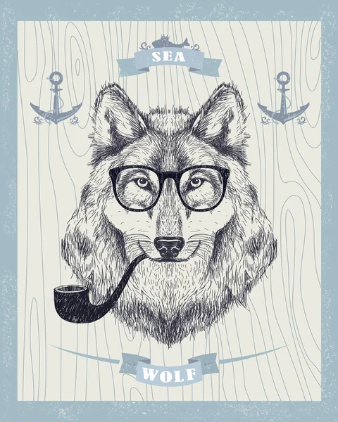 Smoking hipster wolf with sunglasses and tobacco pipe. — Stockvector
