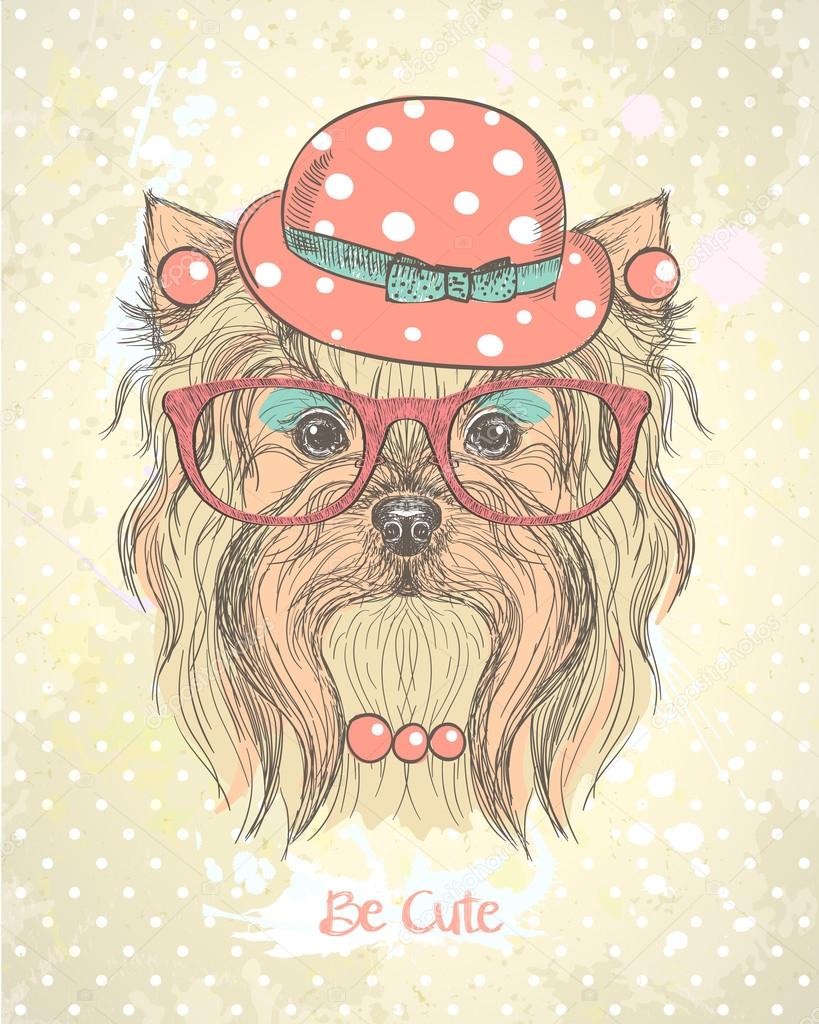 Cute hand drawn card with fashion yorkshire terrier girl.