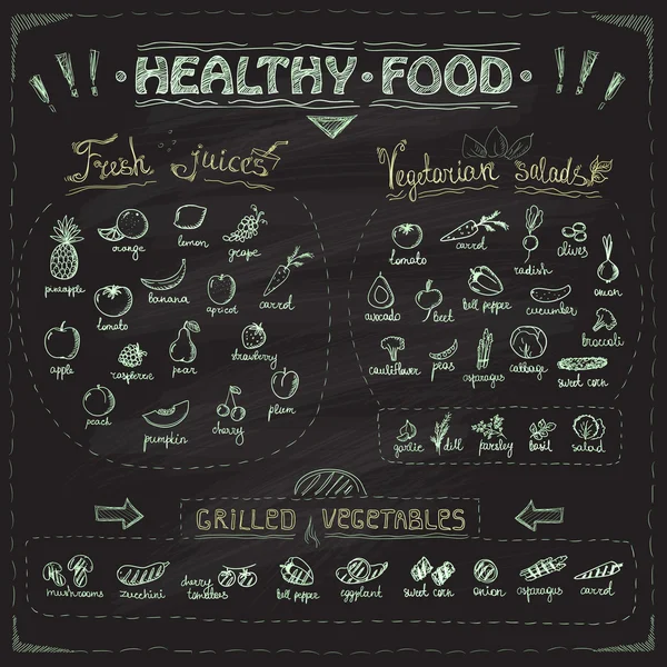 Gezonde voeding schoolbord menu met hand getrokken geassorteerde groenten en fruit. — Stockvector