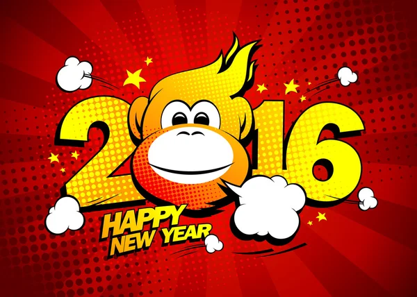 Happy new year 2016 card with hot fiery monkey against red rays backdrop. — Stock Vector