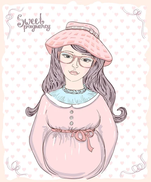 Grafický portrét roztomilý těhotná žena oblečená v růžovým klobouku. — Stockový vektor