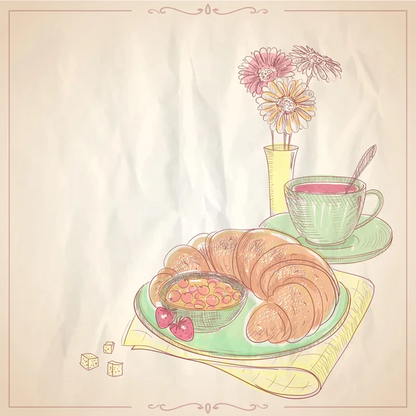 Ilustración dibujada a mano de un desayuno con cruasán . — Vector de stock