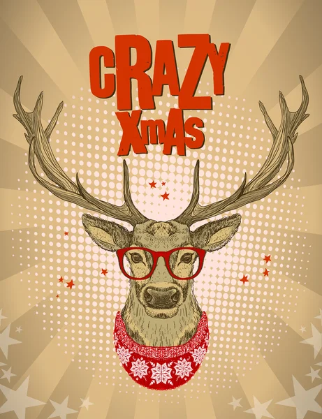 Cervo hipster vestito con occhiali rossi e maglione lavorato a maglia . — Vettoriale Stock