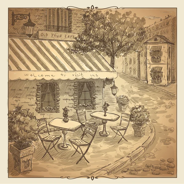 Retro sepia graficzny ilustracja kawiarni ulicy. — Wektor stockowy