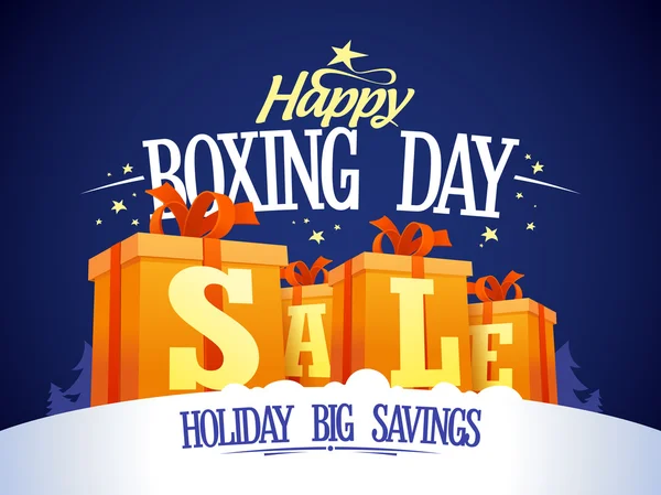 Boldog Boxing day sale design ajándék dobozok a havon. — Stock Vector