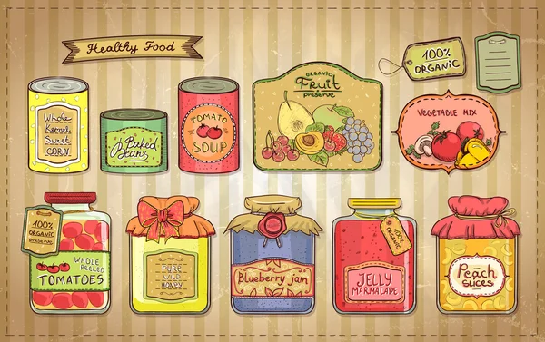 Vintage illustration set of canned goods and tags. — Stock vektor