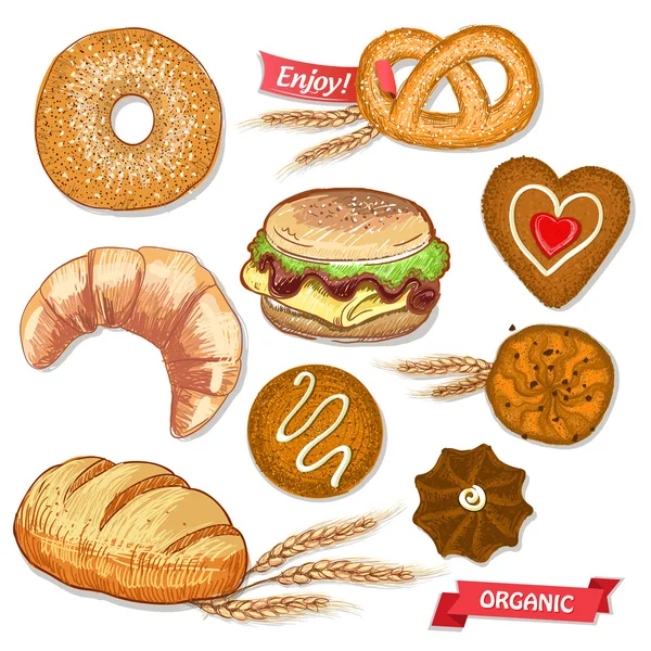 Assorted pastry set illustration with cookies, bread, bagel, croissant, pretzel and burger. — Stockvector