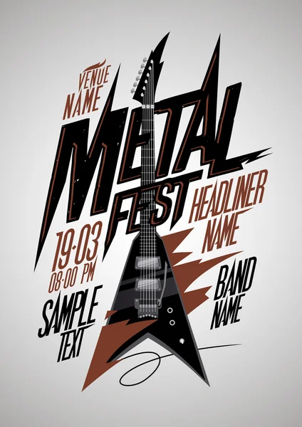 Design de cartaz de festival de metal estilo retro com guitarra electro estilo v — Vetor de Stock