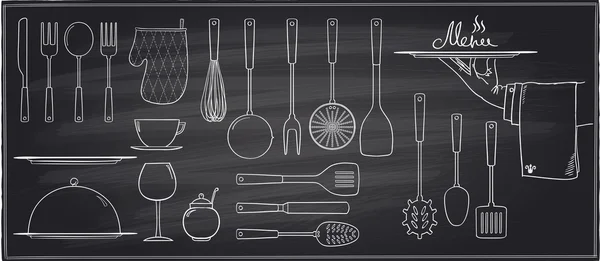 Set of kitchen utensils and tableware on a chalkboard — Stock Vector