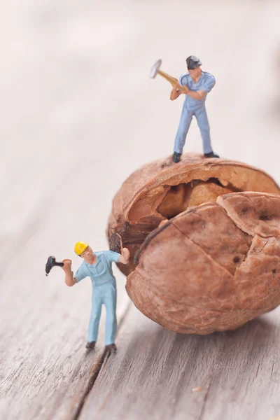 Small people split the walnut. The concept of cooking — Stock Photo, Image