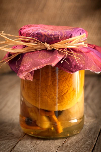 Glass jar of preserved mushroom. Autumn supply — Stock Photo, Image