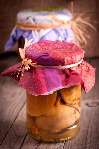 Glass jar of preserved mushroom. Autumn supply — Stock Photo, Image